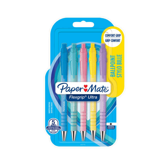 Paper Mate - Kugelschildpapier Mate FlexGrip Druckknopf Pastell | Blasen Sie ein 5 -Stück | 12 Stücke