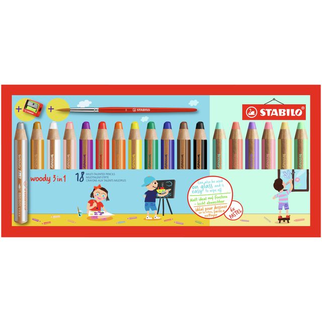 STABILO - Colored pencils 880 woody 3 in 1 incl sharpener and brush assorted case of 18 pieces