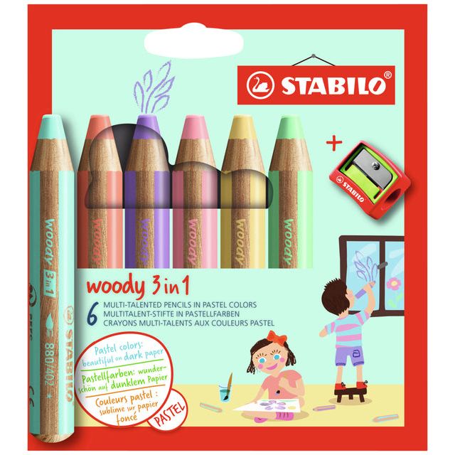 Stabilo - Kleurpotloden Woody 880/18 set à 6 pastelkleuren met puntenslijper | 5 stuks