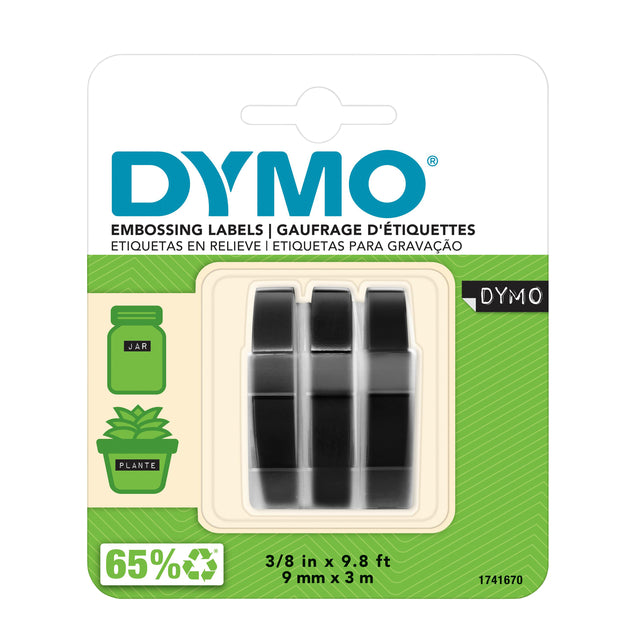 Dymo - Plástico gofrado en relieve 9mm negro sobre blanco 3 piezas