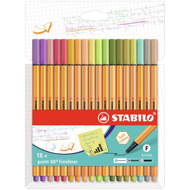 Stabilo - Point 88 Fineliner, pochette en carton de 18 pièces dans des couleurs douces assorties