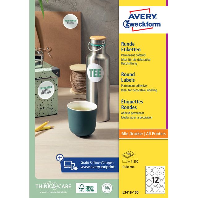 Avery Zweckform - Etikett Avery Zweckform L3416 Um 60 mm weiß 1200st | Box ein 100 Blatt