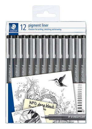 Staedtler - Fineliner Pigment 308 schwarz Set mit 12 Breiten | 10 Stück