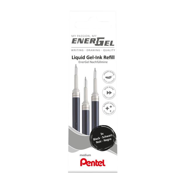 Pentel - Recambio de escritura en gel LR7 Energel mediano negro, juego de 3 piezas