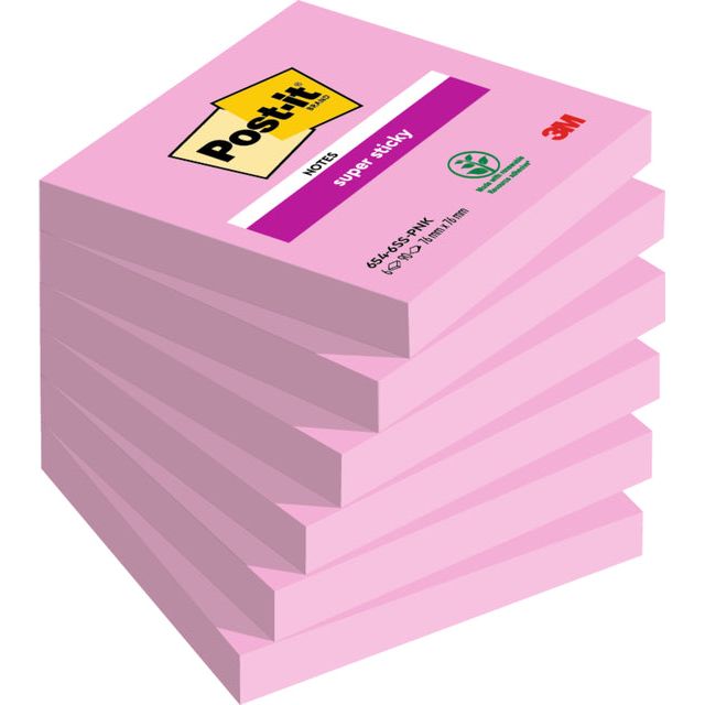 Post-it-Memolok 3M Post-it 654 Super collante 76x76mm rose | Boîte d'une feuille de 6 pièces x 90