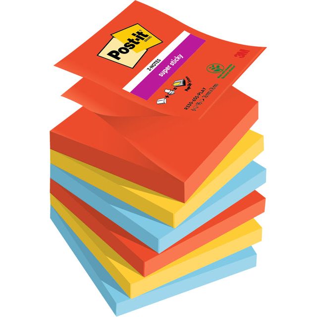 Post-it - Super Sticky Z-notes Playful, 90 vel, ft 76 x 76 mm, geassorteerde kleuren, pak van 6 blokken