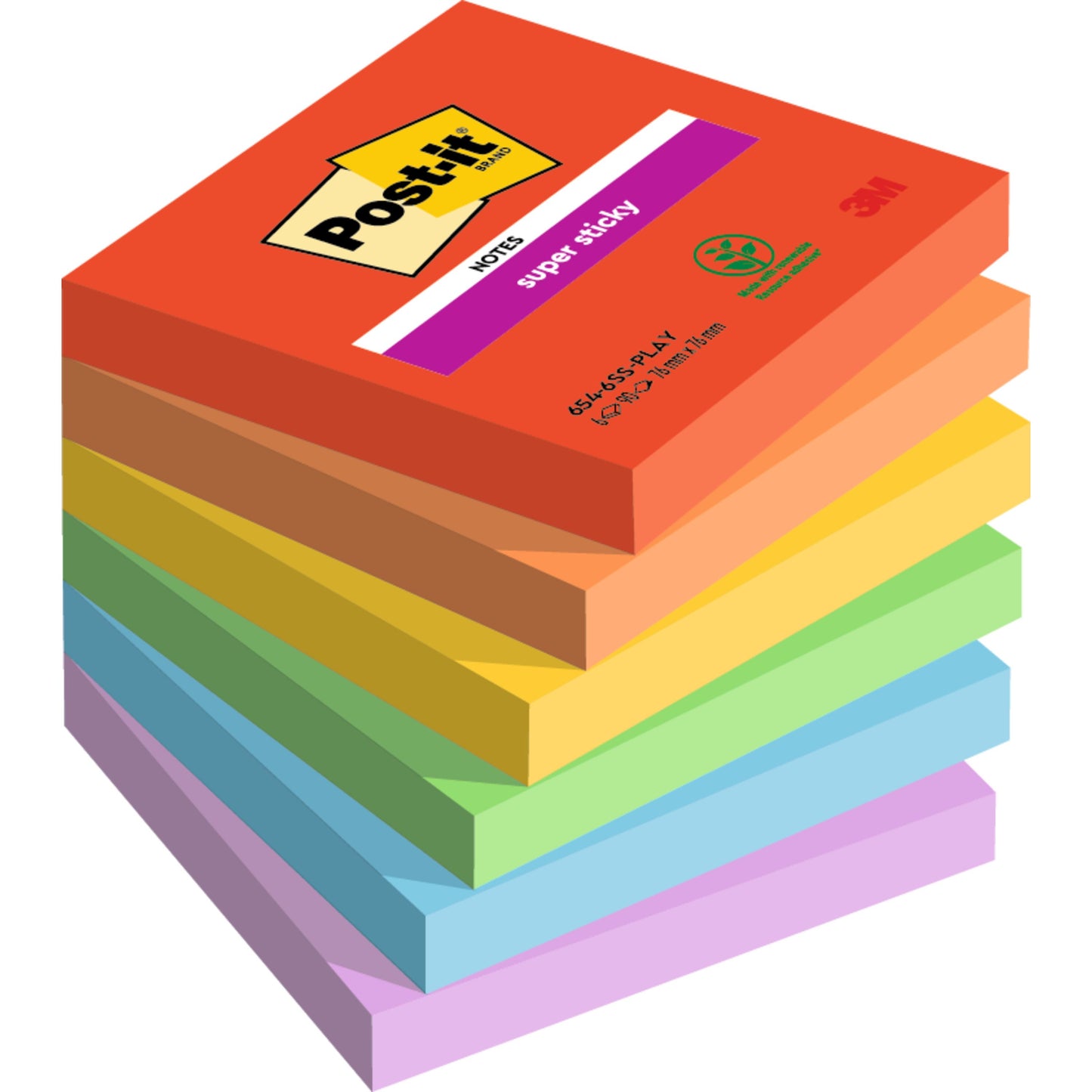 Post-it - Bloc mémo 654 super collant 76x76mm ludique | 12 pièces