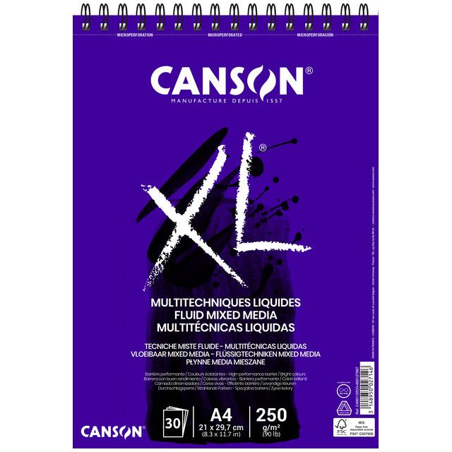 CANSON - Bloc de dessin CANSON XL Fluid Mixed Media A4 30V 250GR | 1 pièce | 5 pièces