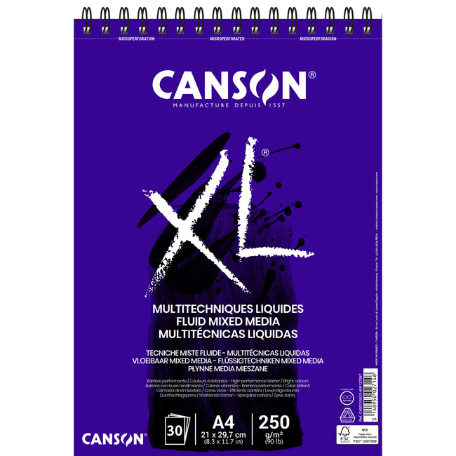 Canson - Carta Mixed Media XL Fluid Mixed Media 30 fogli 250gr A4 extra bianco | 5 pezzi