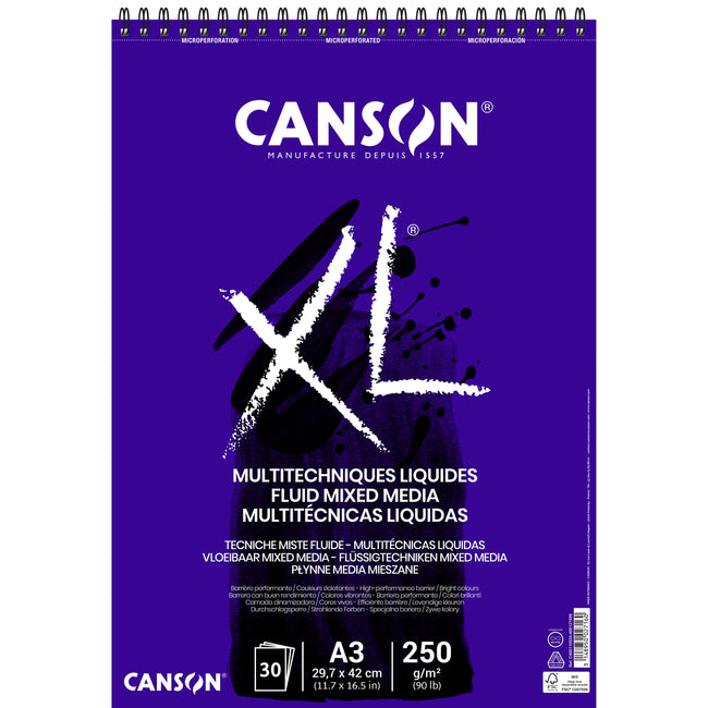 Canson - Carta Mixed Media XL Fluid Mixed Media 30 fogli 250gr A3 extra bianca