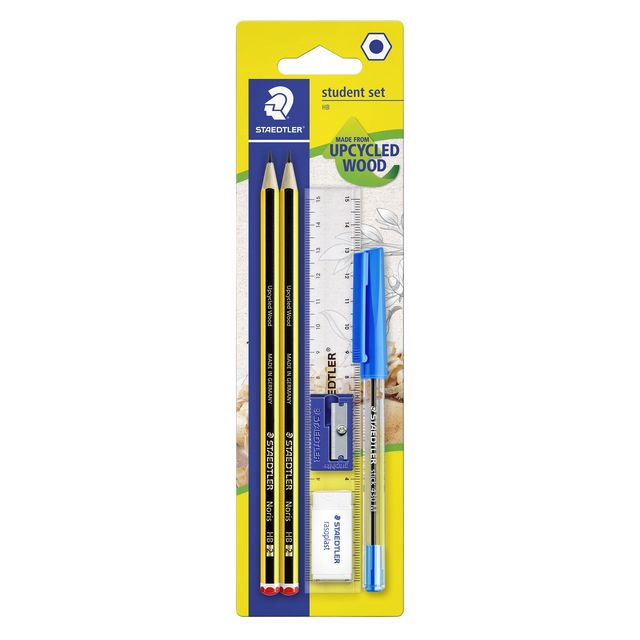 Staedtler - Set de escritura que contiene 2 lápices Noris HB y bolígrafo, borrador, sacapuntas y regla, 6 piezas