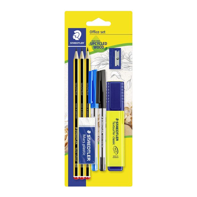 Staedtler - Contenuto set scrittura 3 matite Noris HB 2 penne a sfera, evidenziatore, gomma e temperino 8 pezzi