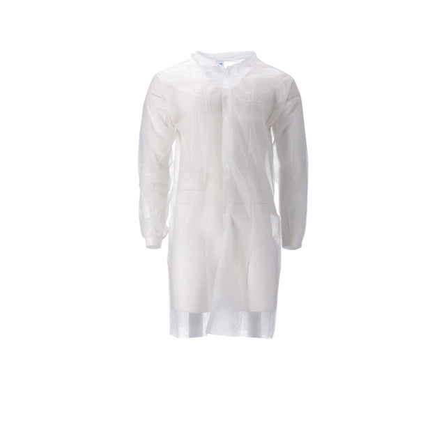 CMT - Chaqueta de visitante XL botones automáticos no tejidos 104cm largo PP blanco 100 piezas