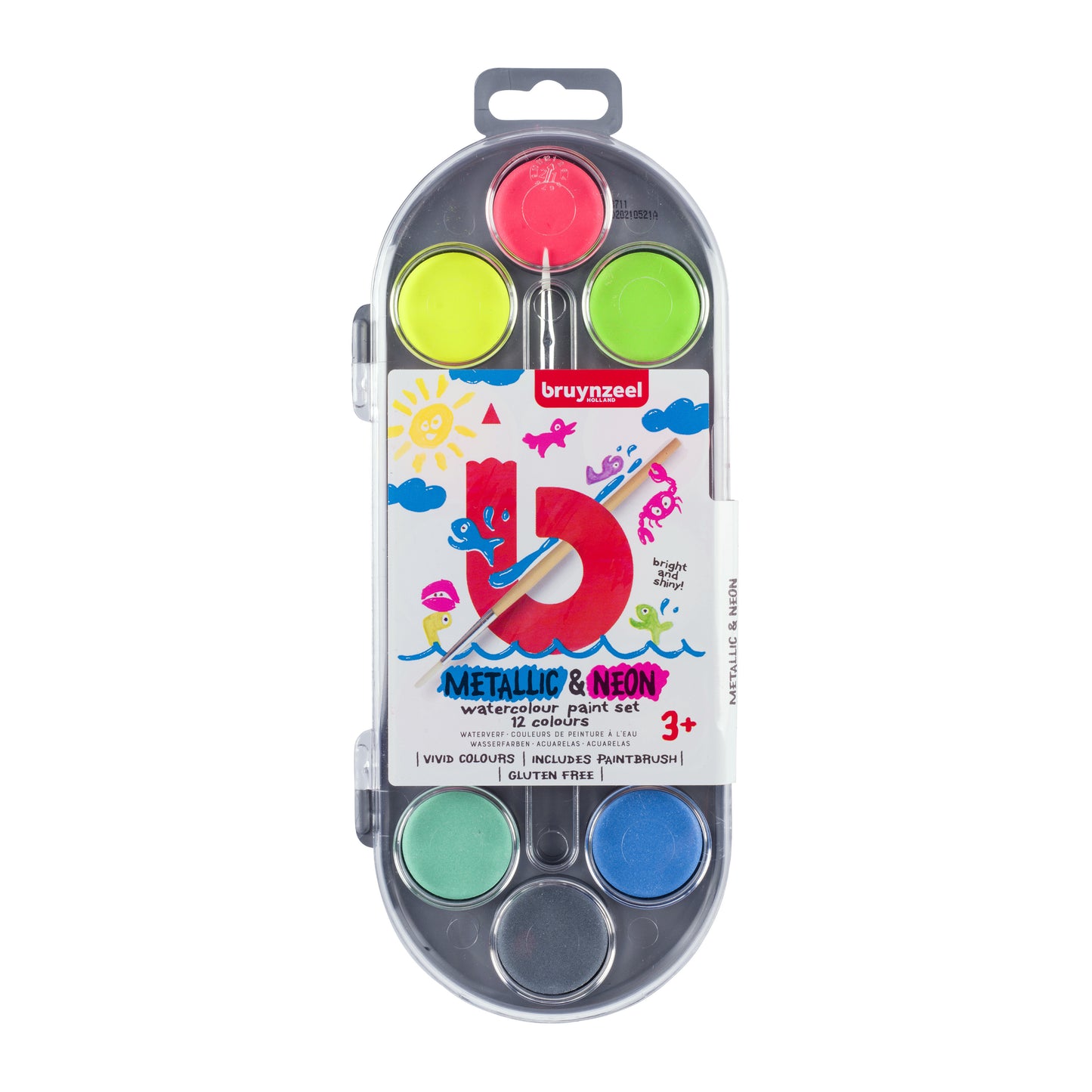 Bruynzeel - Set Acquerello per bambini di 12 colori metallici e neon | 6 pezzi