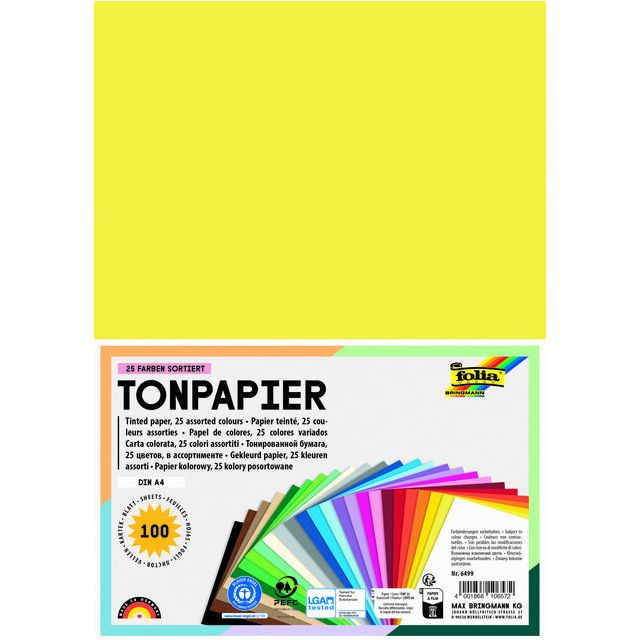 Folia - Folia Colored Zeichenpapier, ft A4, 100 Blätterpackungen in 25 verschiedenen Farben