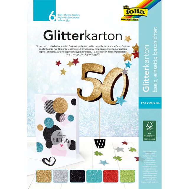 Folia Paper - Glitterkarton folia 174x245mm 6vel basis assorti | 5 stuks