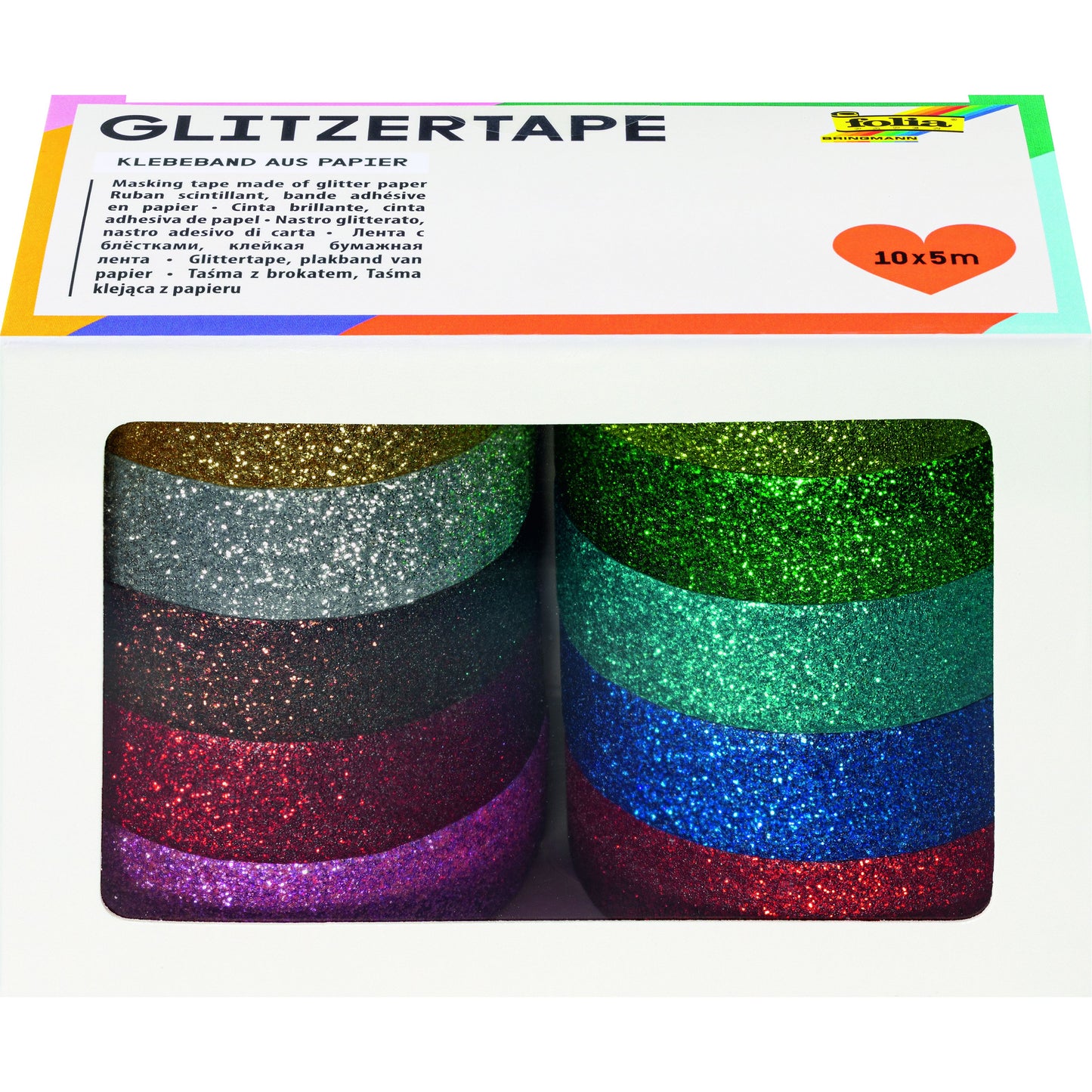 Folia Paper -  Plakband folia glitter 5mx15mm 10 stuks 10 kleuren