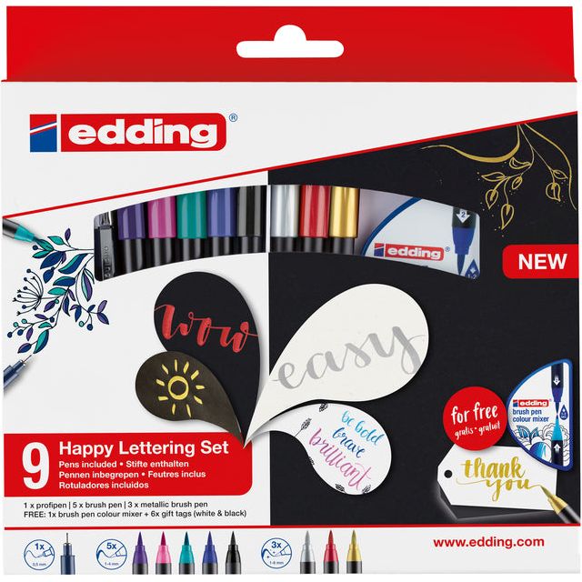 Edding - Brush des lettres, assorti, ensemble de 9 pièces