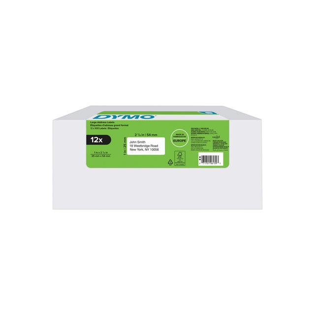 DYMO - etiketten LabelWriter ft 25 x 54 mm, wit, doos van 12 x 500 etiketten