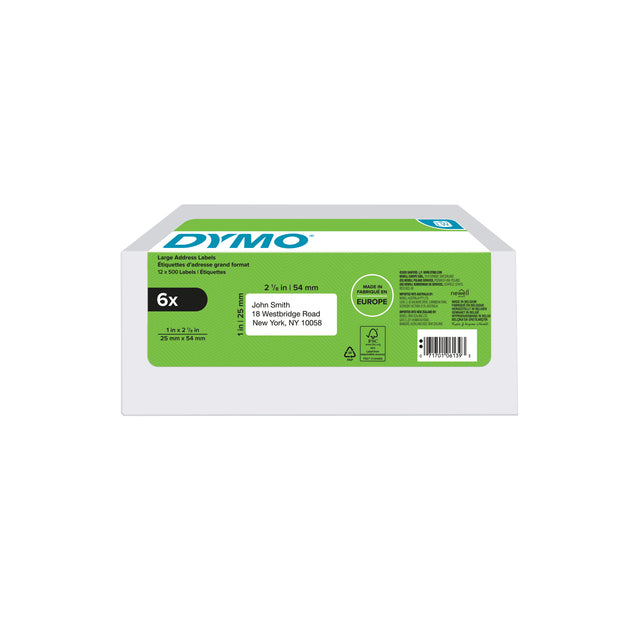 Dymo - Etichetta LabelWriter indirizzante 25x54mm 6 rotoli da 500 pezzi bianco