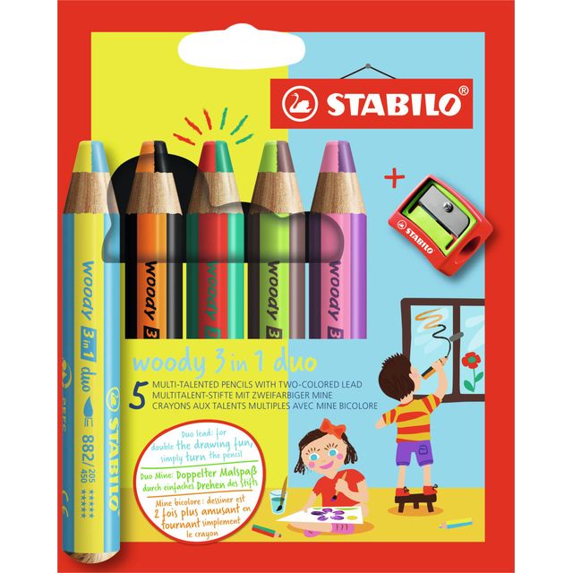 STABILO - Lápices de colores 882 woody 3 en 1 dúo incluido sacapuntas estuche surtido 5 piezas