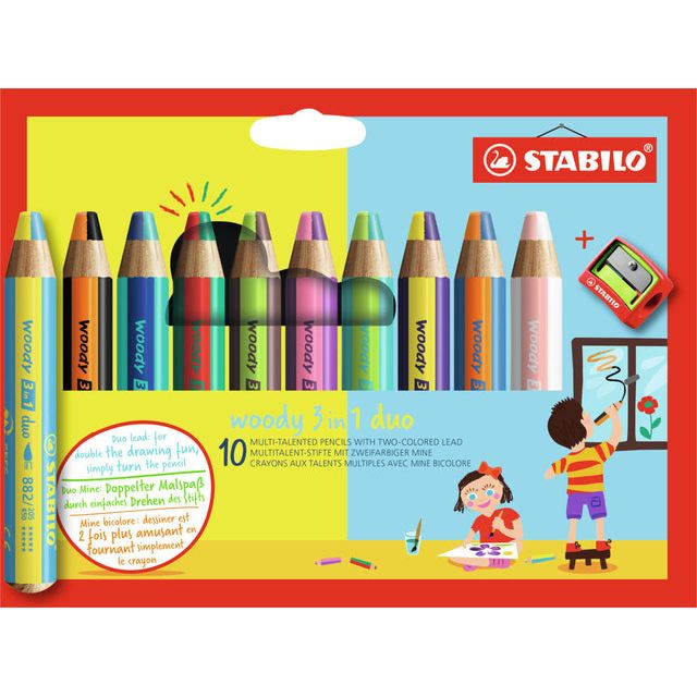 STABILO - CURT DE COLORD 882 WOODY 3 IN 1 10ST ASSORTI | Enui un 10 pièces