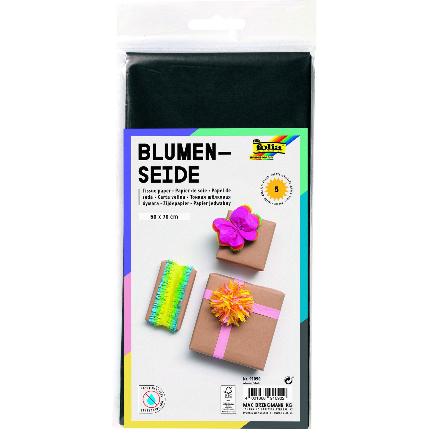 Folia Paper - Silk tissue paper Folia 50x70cm 20gr nr90 black 5 sheets