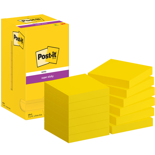 Post-it -  Memoblok  654 super sticky 76x76mm geel | 12 stuks