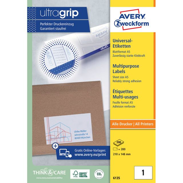 Avery Zweckform - Etikett Avery 6135 210x145mm weiß 200 Stücke | Box ein 200 Blatt