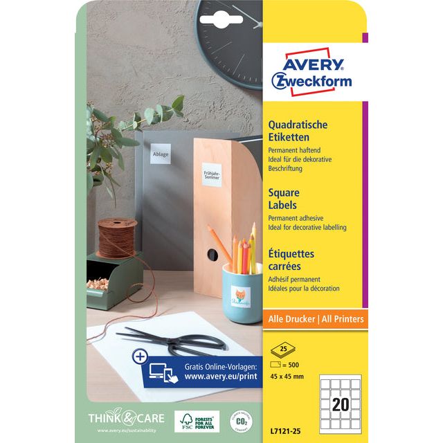 Avery Zweckform - Label Avery L7121-25 QR Code 45x45mm OPAAK 400ST | Pak une feuille de 10 | 5 pièces