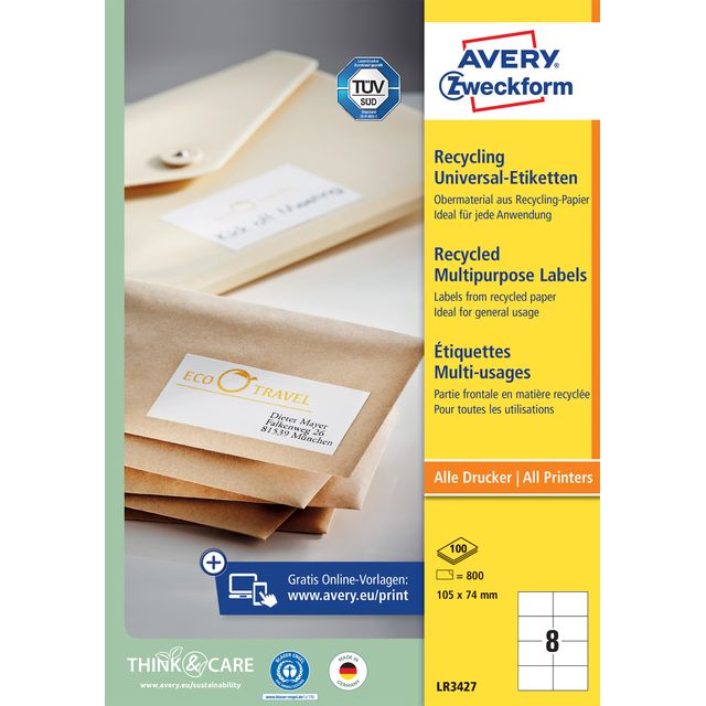 Avery Zweckform -  Etiket avery lr3427-100 105x74 recycled wit 800st