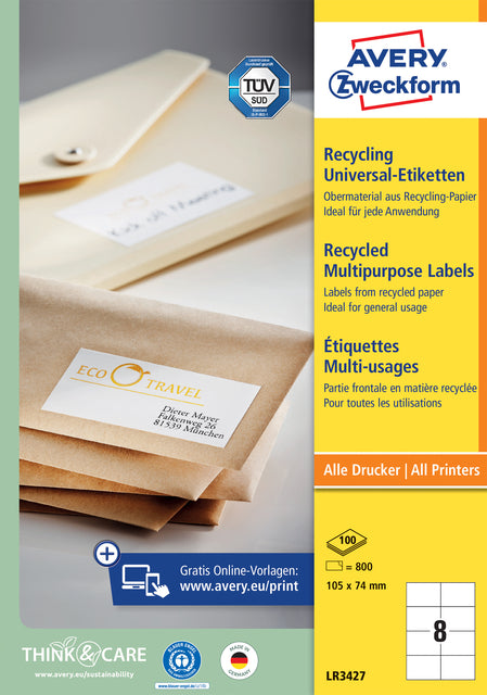 Avery -  Etiket  lr3427-100 105x74 recycled wit 800st