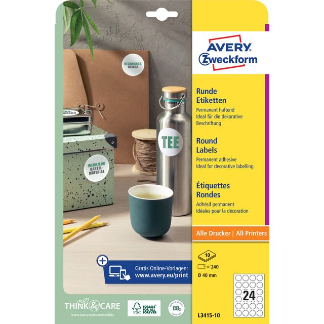 Avery Zweckform - Label Avery L3415-10 environ 40 mm blanc 240 pièces | Pack de 10 feuilles