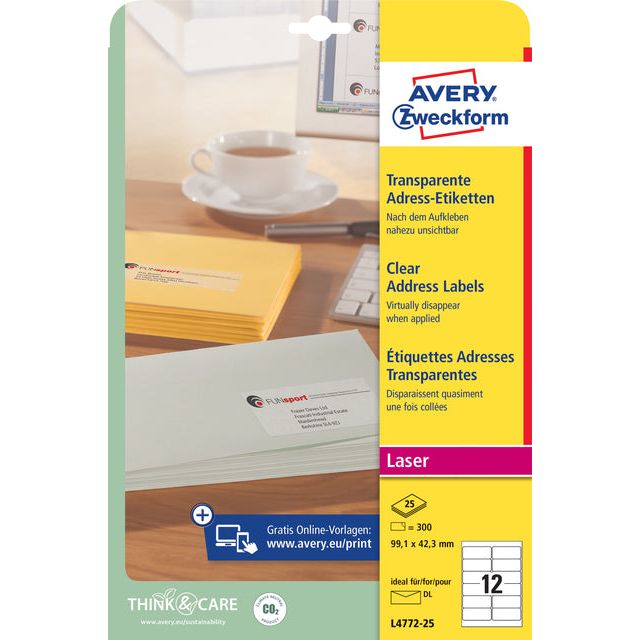 Avery - Étiquettes transparentes Quickpeel Ft 99.1 x 42,3 mm (B x H), 300 pièces, 12 par feuille