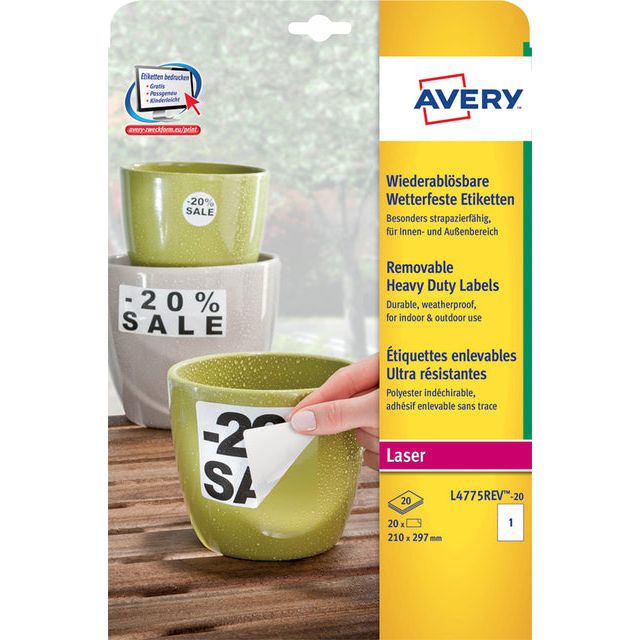 Avery - abnehmbares Wetter - resistente Etiketten ft 210 x 297 mm (B x H), weiß, 20 Etikettenbox