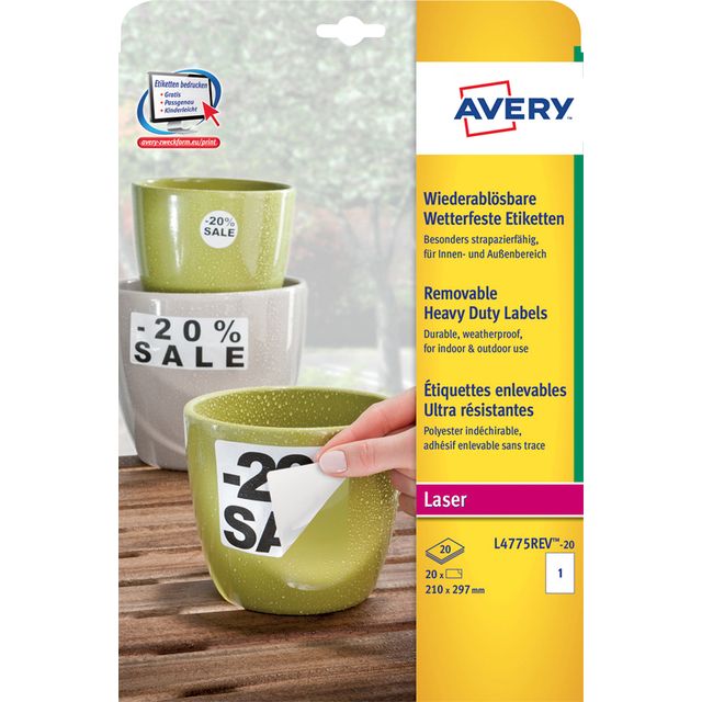 Avery -  Etiket  l4775rev-20 210x297mm wit 20st