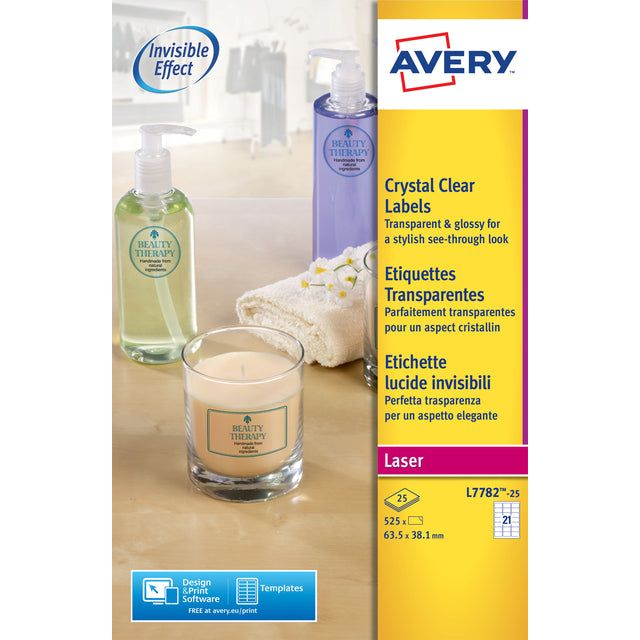 Avery Zweckform - transparante Crystal Clear etiketten ft 63,5 x 38,1 mm, 525 etiketten, 21 per vel