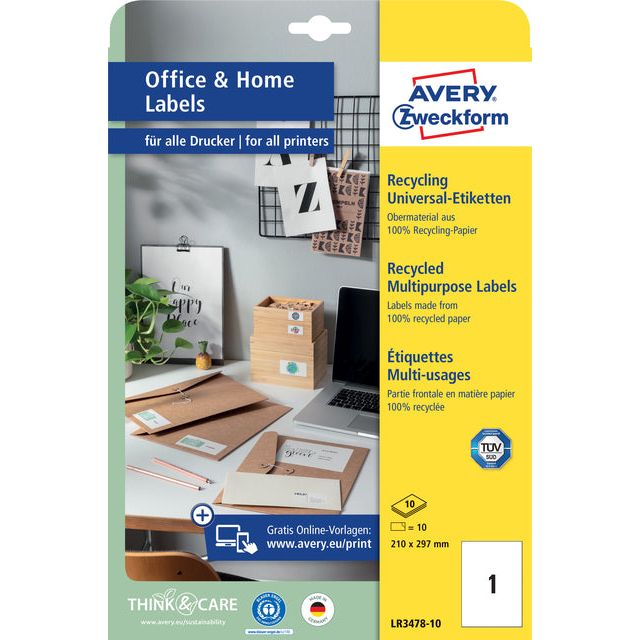 Avery Zweckform - Label Avery LR3478-10 210x297mm blanc recyclé 10st | Pack de 10 feuilles