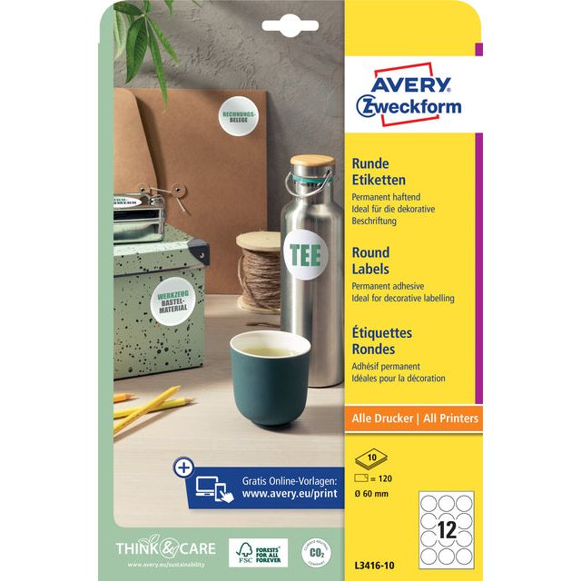 Avery Zweckform - Label Avery L3416-10 environ 60 mm blanc 120 pièces | Pack de 10 feuilles