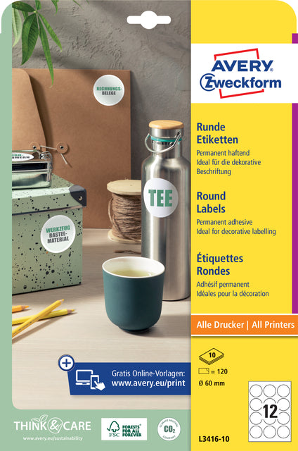 Avery Zweckform - Etiqueta Zweckform L3416-10 redonda 60mm blanca 120 piezas