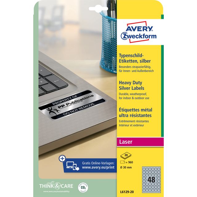 Avery Zweckform -  Etiket Zweckform L6129-20 rond 30mm zilver 960 stuks