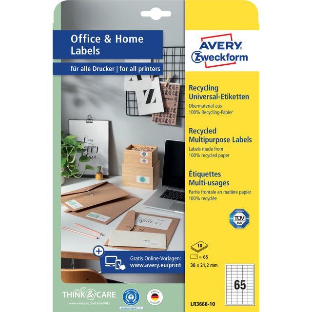 Avery Zweckform - Label Avery LR3666-10 38X21.2 Recyclé blanc 650st | Pack de 10 feuilles