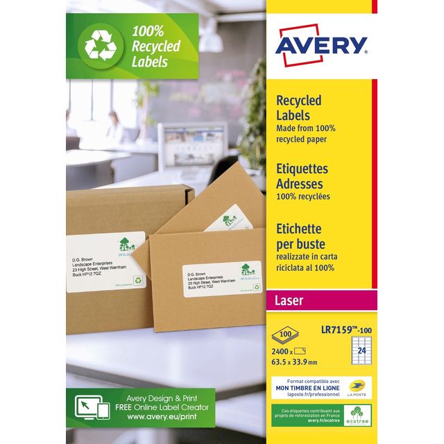 Avery -  Etiket LR7159-100 63.5x33.9mm recycled wit 2400 etiketten