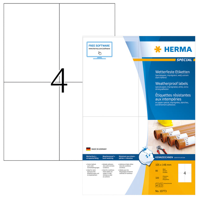 Herma - Herma 10773 Étiquette 105x148mm White résistant aux intempéries | Pack de 80 draps