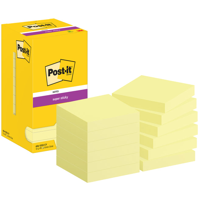 Post-it - Bloc-notes 654 Super Sticky 76x76mm jaune canari 12 pièces