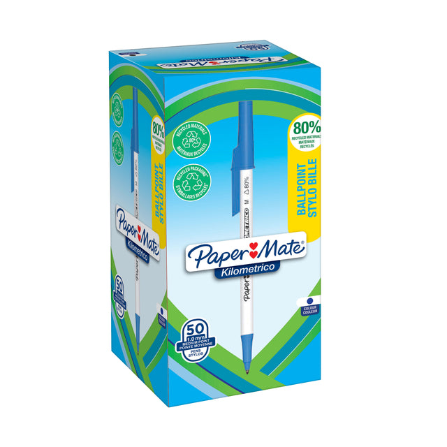 Paper Mate - Ballpoint Pen Papermate Kilometrico recyclé M bleu | 50 pièces