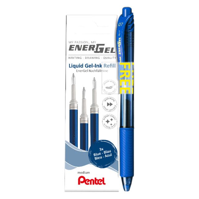 Pentel - Energel de remplissage, 0,7 mm, bleu, 3 pièces + rouleau (gratuit)