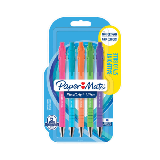 Paper Mate - Ballpoint Pen Flexgrip Ultra RT Brights, Medium, Blue Ink, Blister of 5 Pieces, Assorti