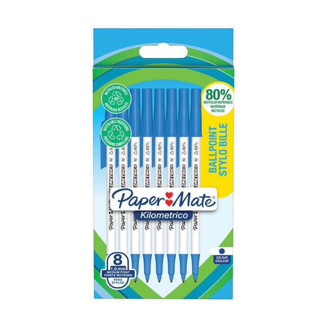 Paper Mate - balpen Kilometrico, medium, blister van 8 stuks, blauw