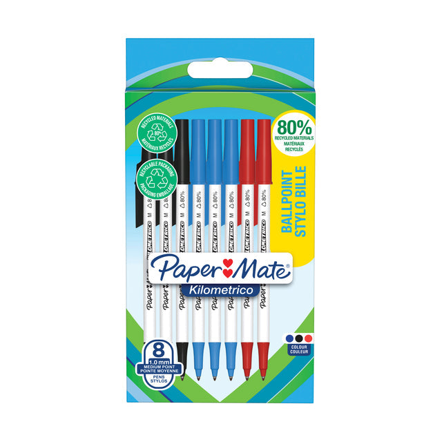 Paper Mate - Ballpoint Pen Papermate Kilometrico Recycled M Ass | Blister un 8 pièces